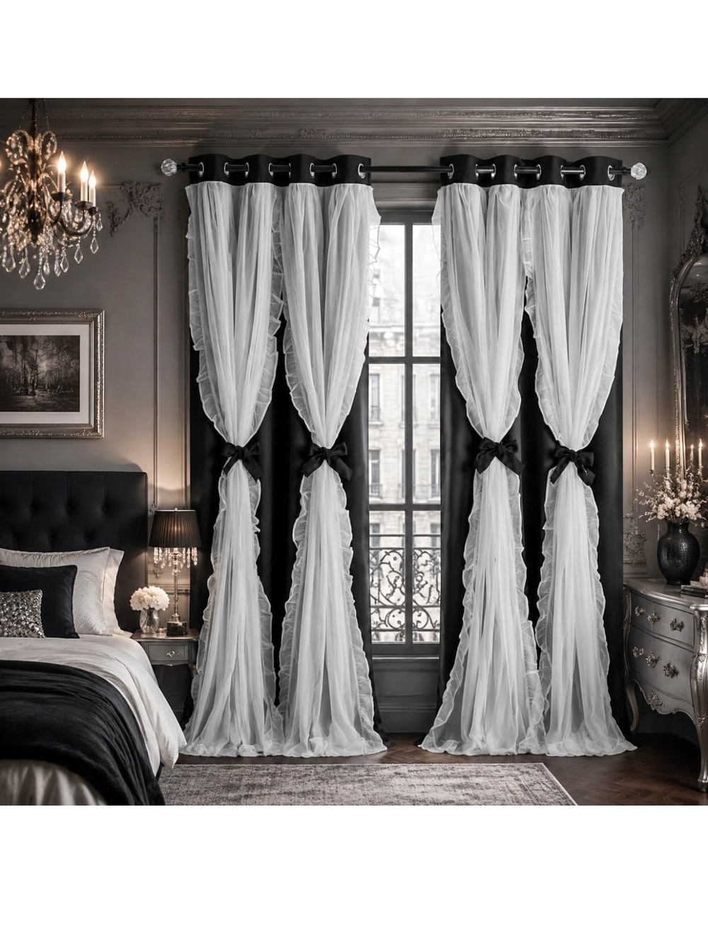 52"Wx 84"L PONY DANCE  Elegant Gothic Black & White Sheer Lace Tie-Back Curtains